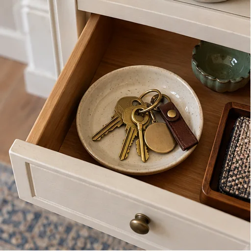 House keys · Top drawer · ceramic bowl