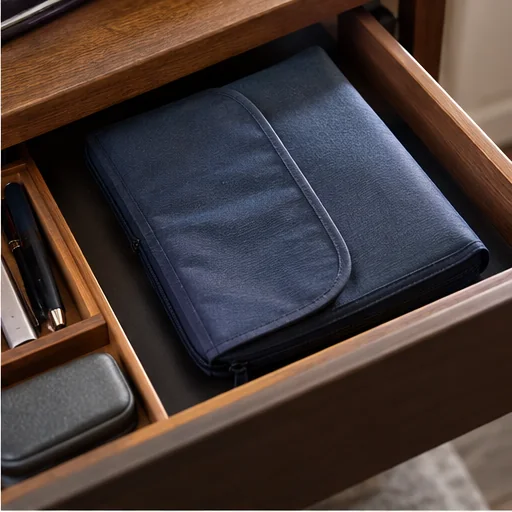 Travel documents · Desk drawer · blue pouch